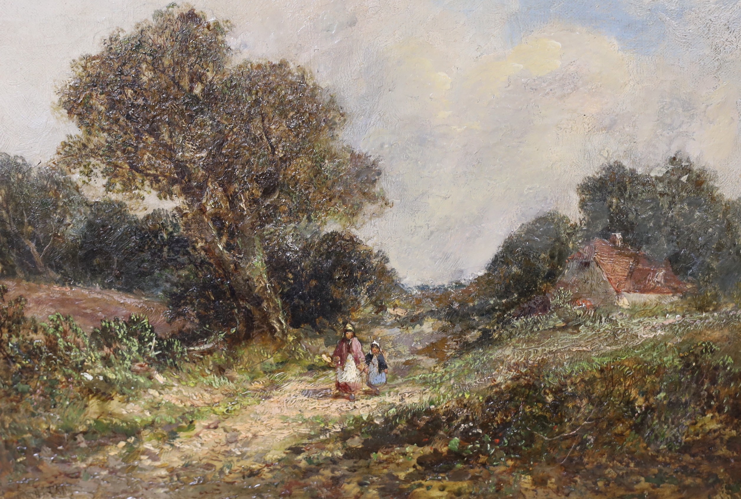 James Edwin Meadows (1828-1888), oil on canvas, Mother and child on a country lane, signed, 24 x 34cm